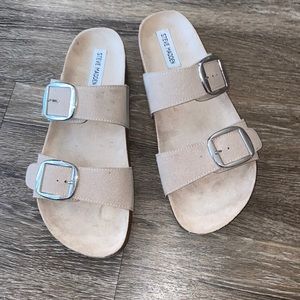 Steve Madden Blanca Womens Faux Leather Buckle Footbed Sandals, White Size 9.5